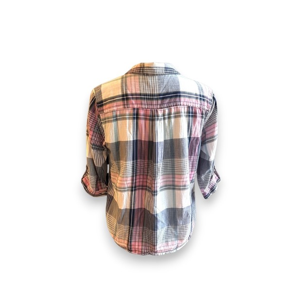 Croft & Barrow Petite Plaid Flannel Shirt Women Pink Gray Roll Tab Sleeve - Picture 4 of 5